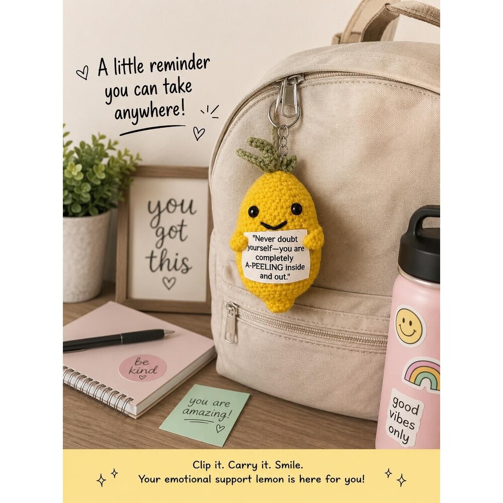 Handmade Crochet Emotional Support Lemon Keychain Bag Charm Cute Backpack Buddy